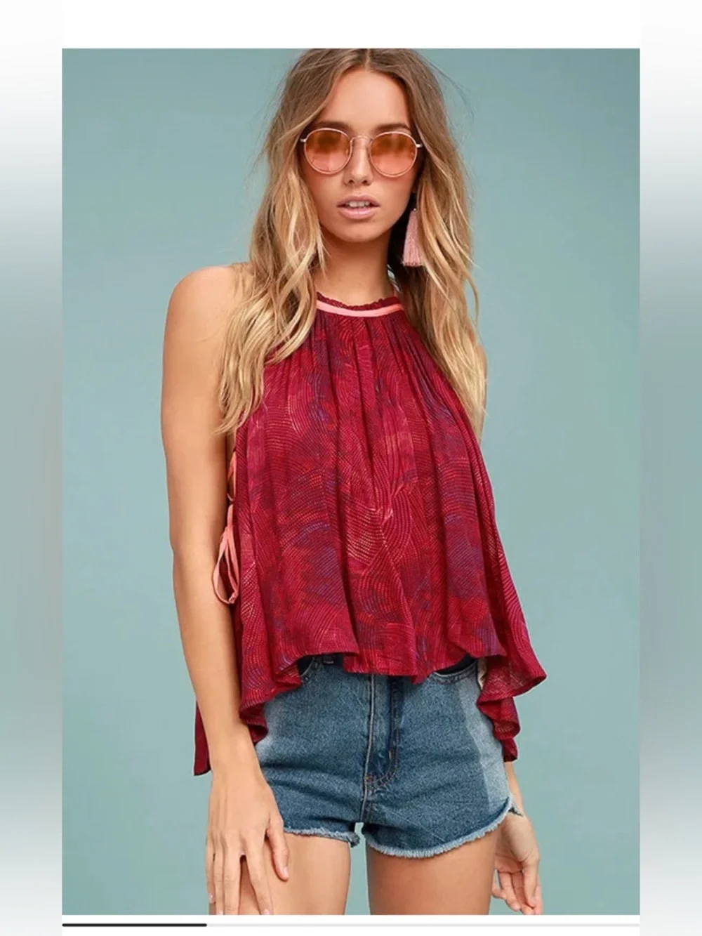 Free People Seasons in the Sun Tank Berry Red Sold Out Boho Halter Tie Top S - Picture 1 of 7